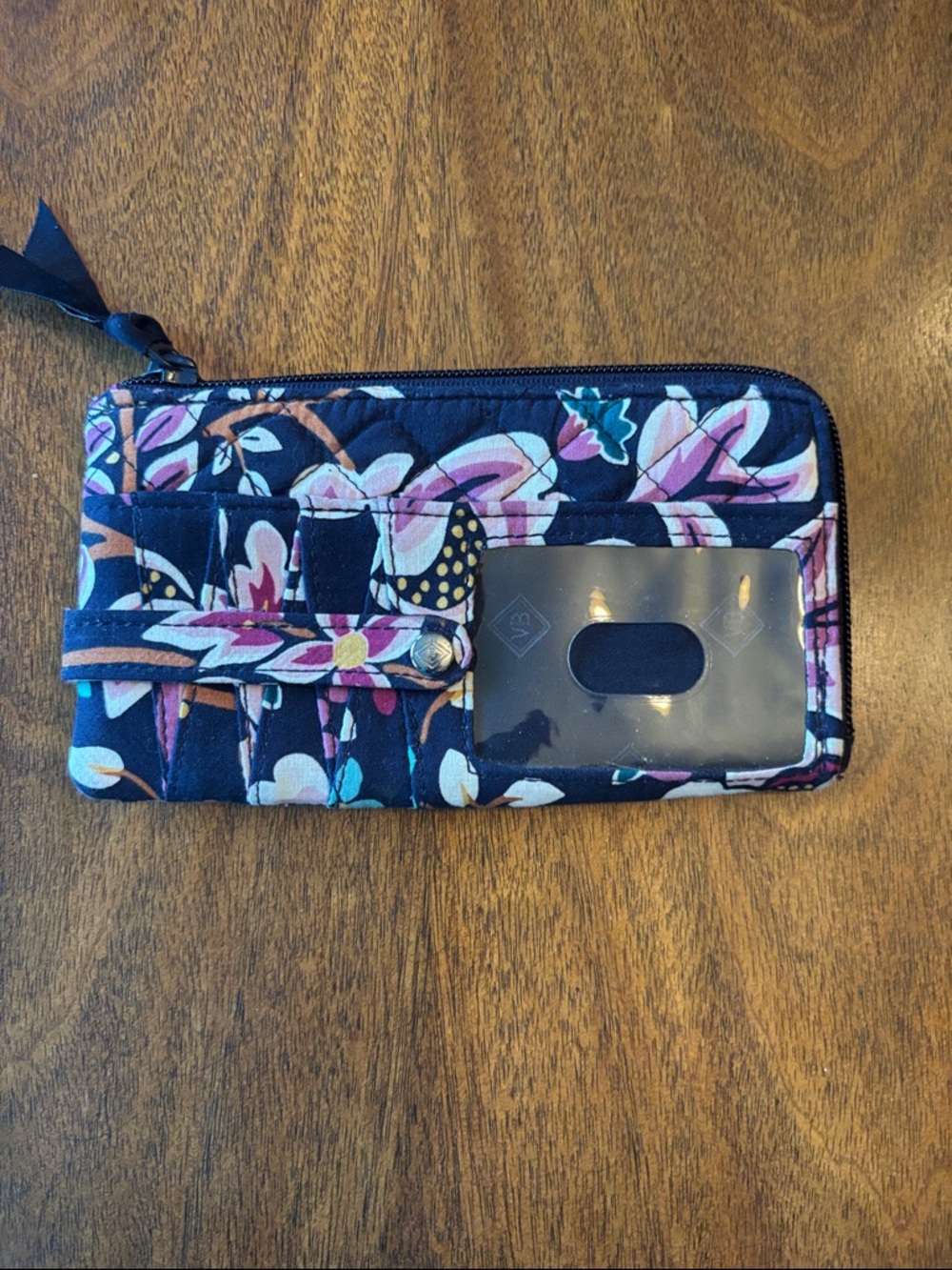 Vera Bradley Quilted Floral Zip Card Case Walket in Navy, Pink & Cream